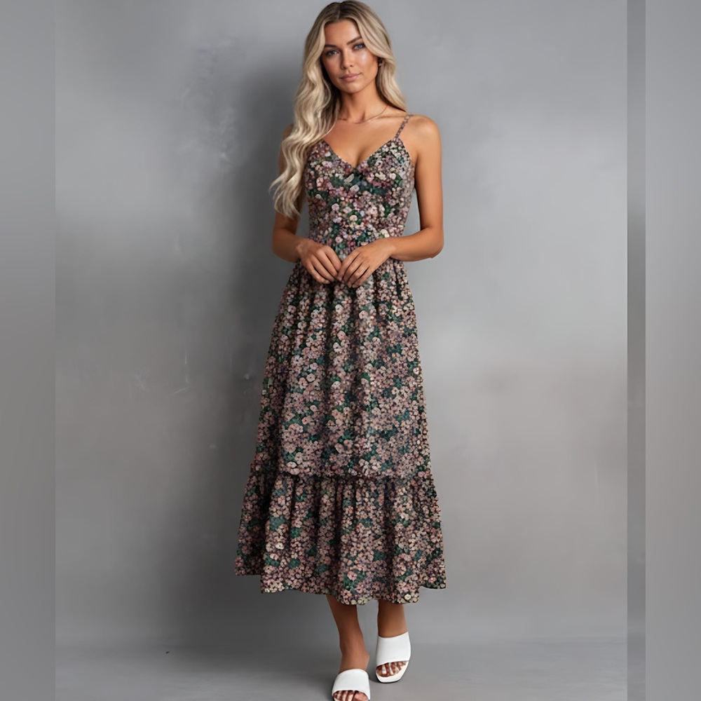 Boho Ditsy Floral Print Split Thigh Cami Dress